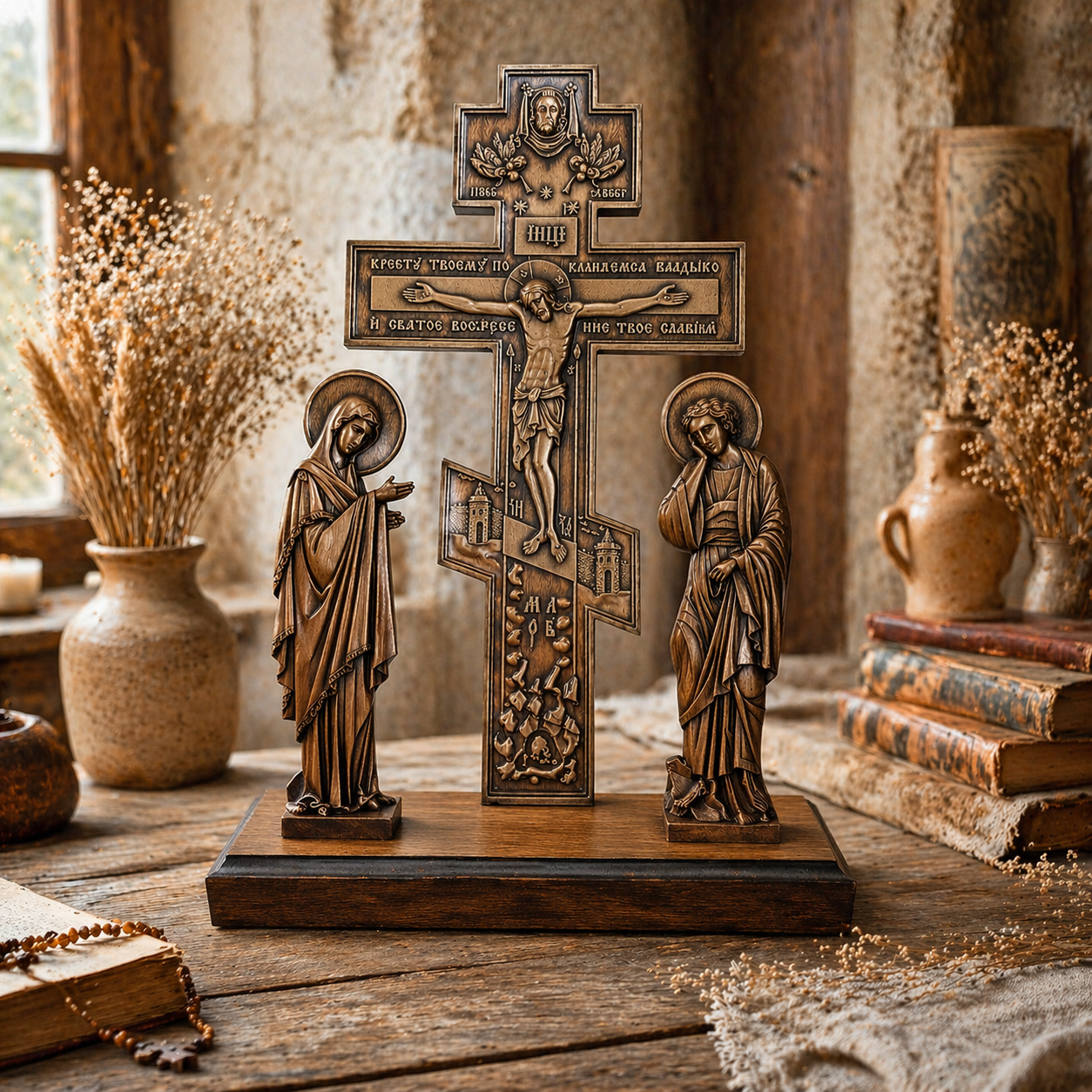 Orthodox Calvary Wooden Altar Cross 12.9in Beech Wood Crucifix with Stand