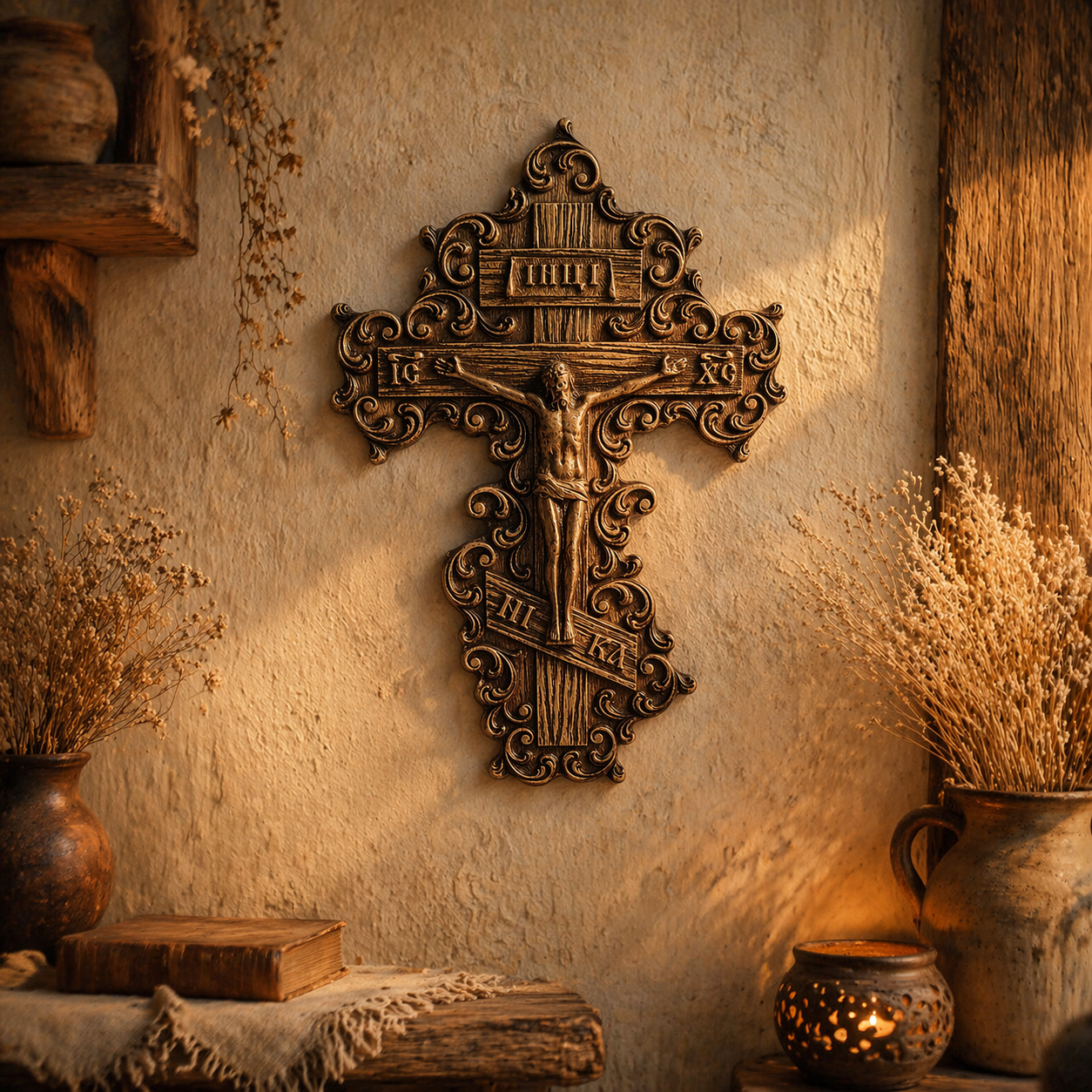 Orthodox Wooden Wall Cross with Crucifix 11.8 inch, Hand Carved Christian Wall Mount Decor