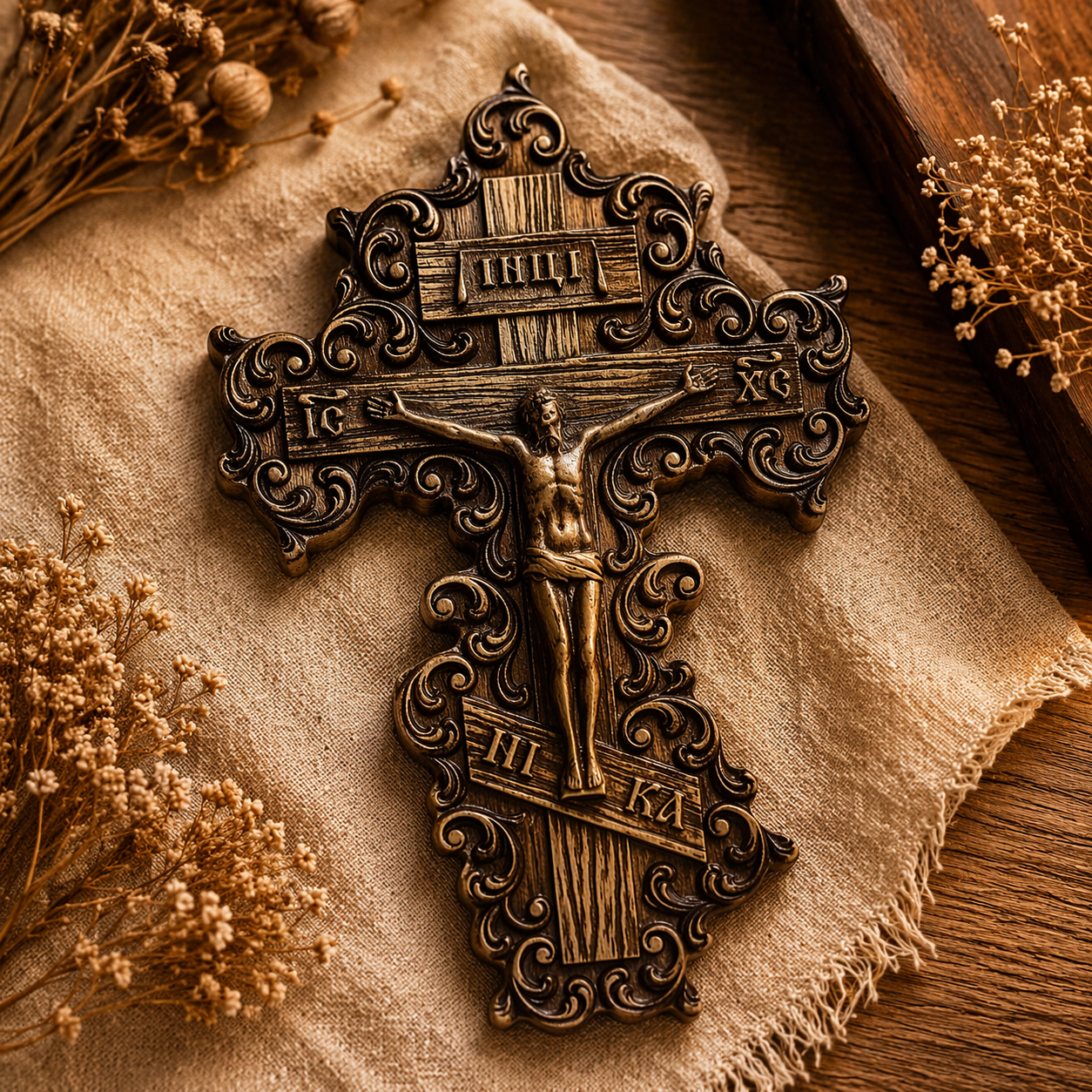Orthodox Wooden Wall Cross with Crucifix 11.8 inch, Hand Carved Christian Wall Mount Decor