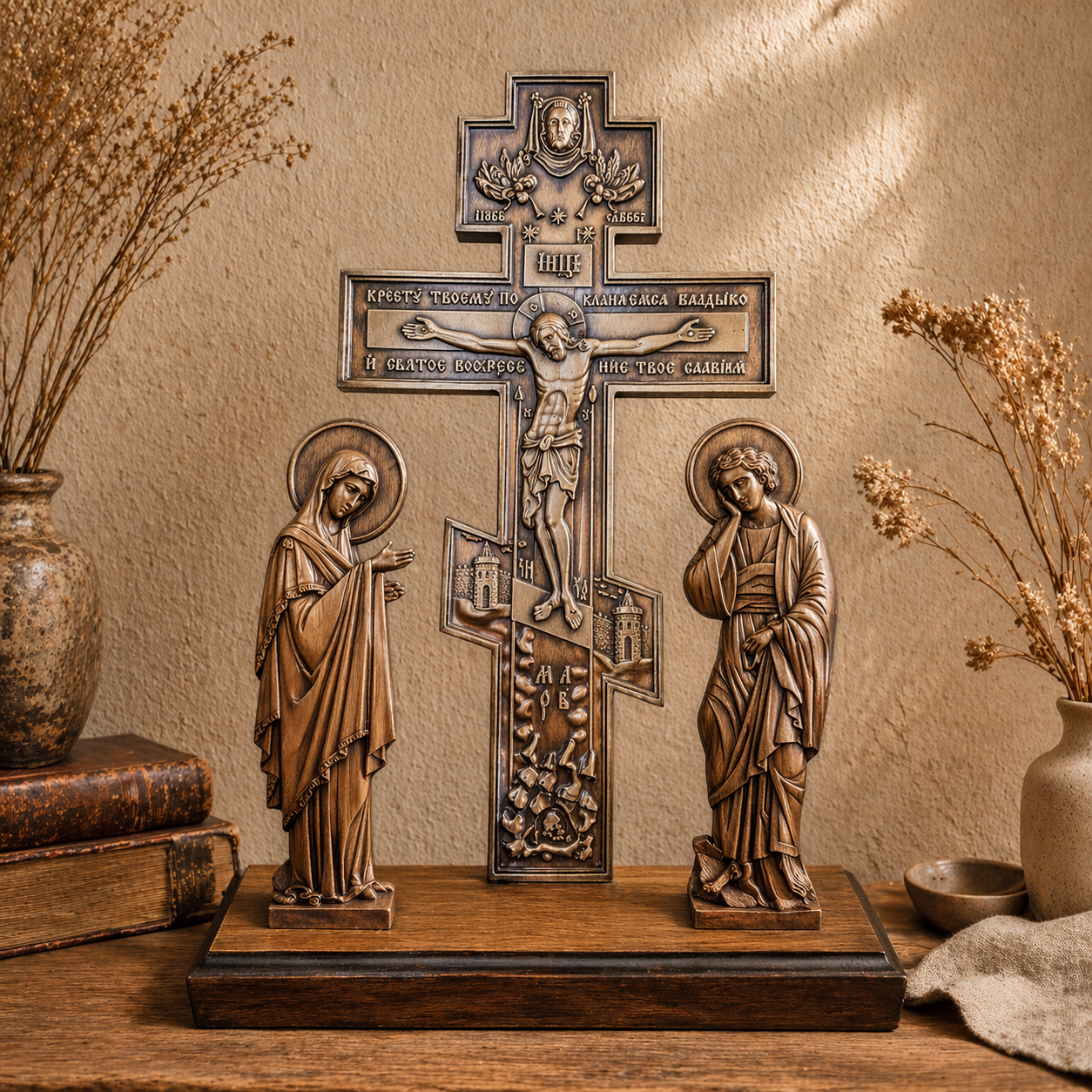 Orthodox Calvary Wooden Altar Cross 12.9in Beech Wood Crucifix with Stand