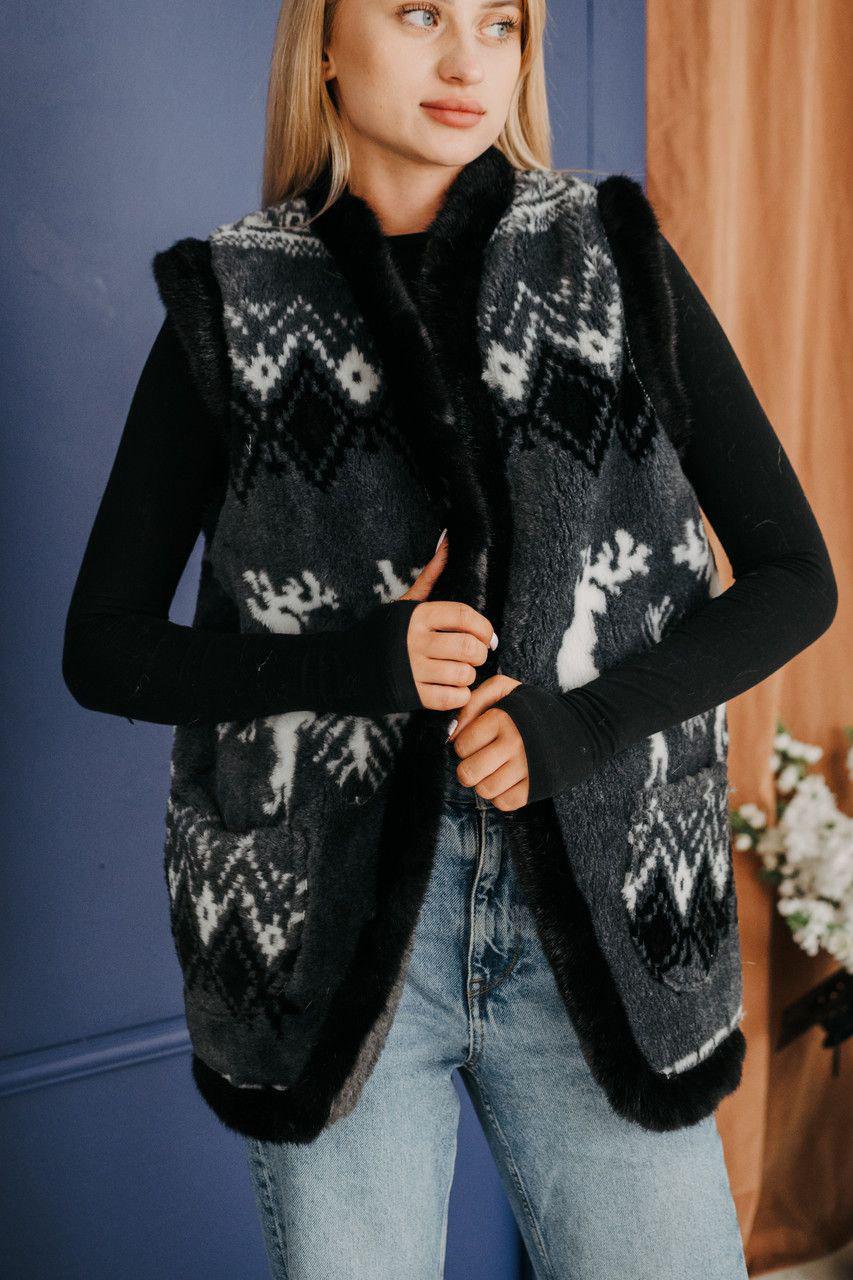 Women's Nordic Pattern Sheep Wool Vest, Natural Warm Folk Waistcoat
