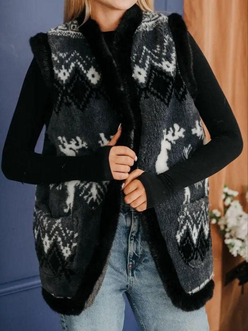 Women's Nordic Pattern Sheep Wool Vest, Natural Warm Folk Waistcoat
