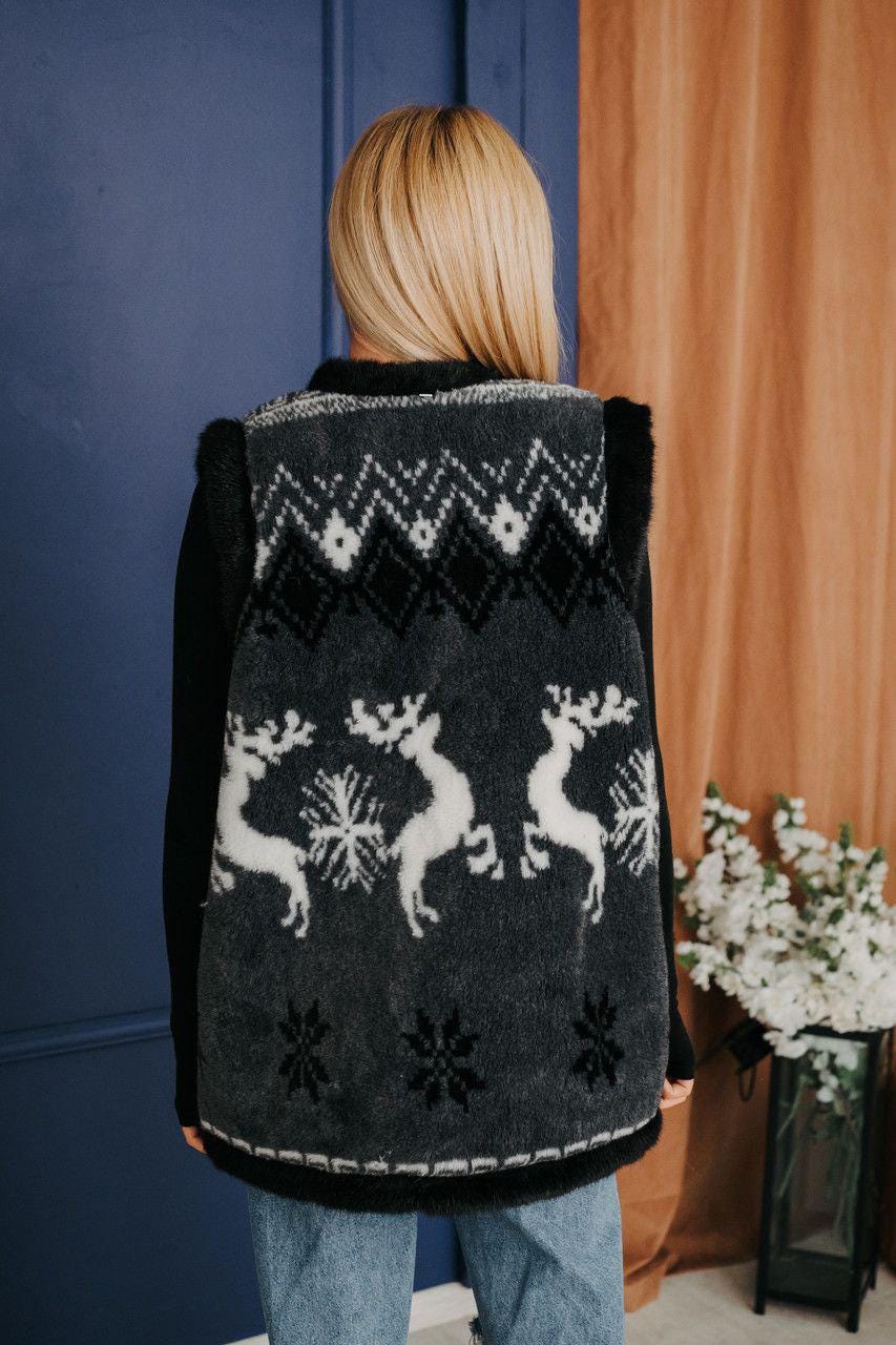 Women's Nordic Pattern Sheep Wool Vest, Natural Warm Folk Waistcoat