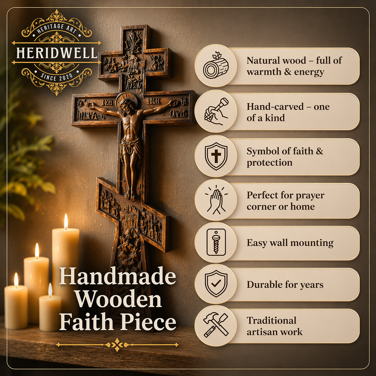 Orthodox Wooden Wall Cross with Crucifix 11.8 inch, Hand Carved Christian Wall Mount Decor