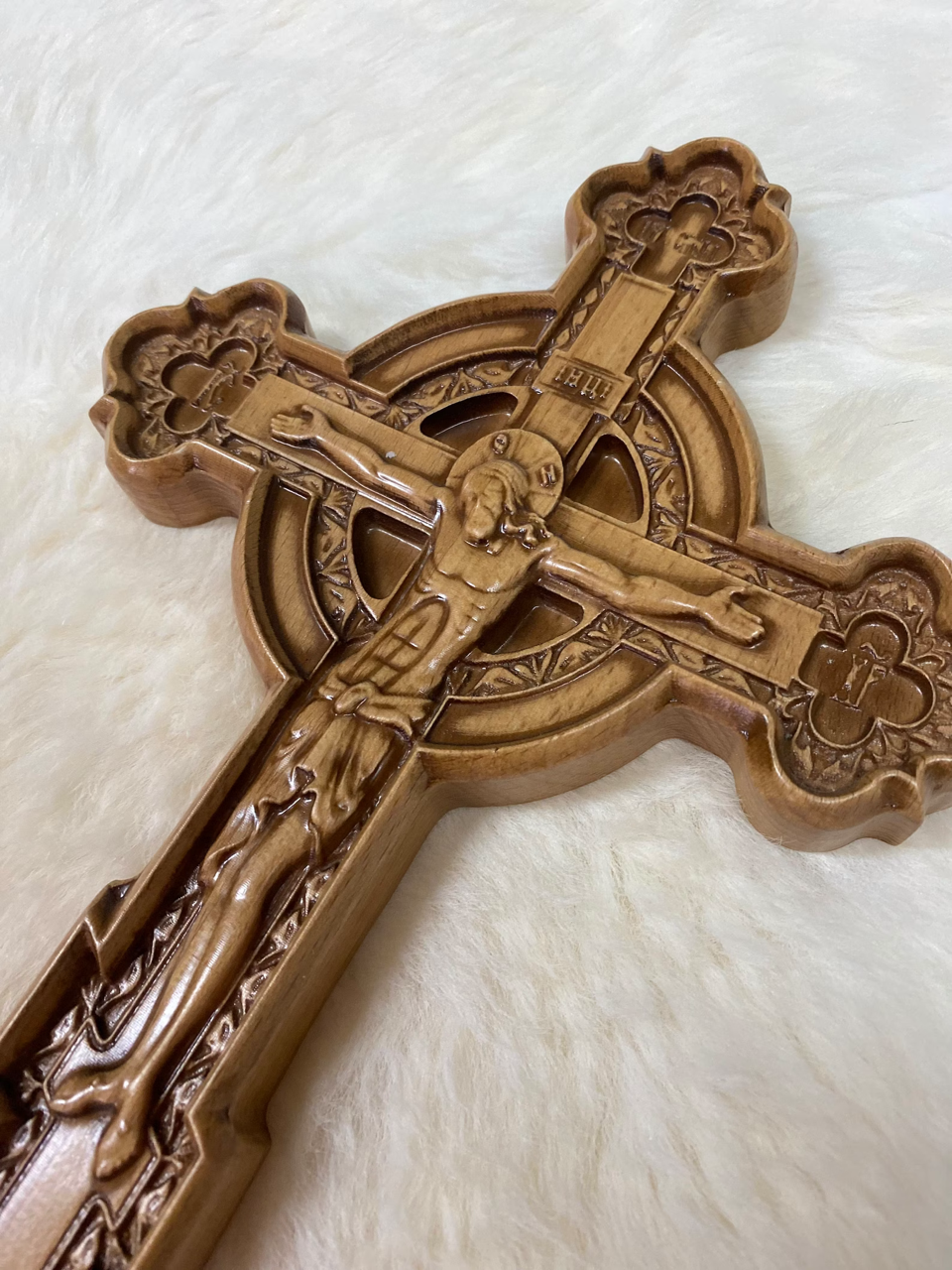 Wooden cross. Orthodox cross. Wooden wall Orthodox cross. Wood Crucifix. Christian Religious decor.