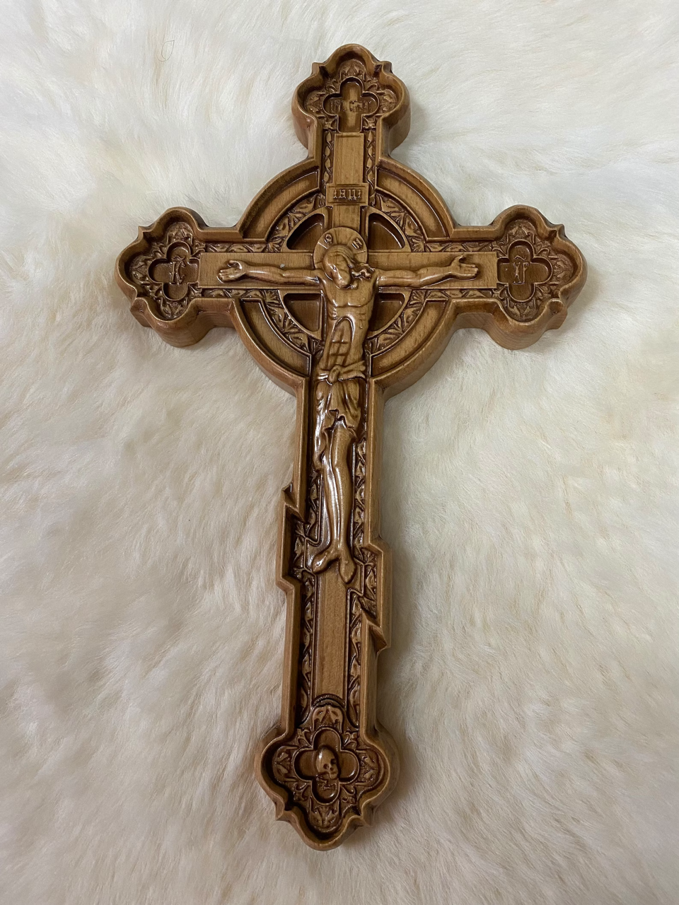 Wooden cross. Orthodox cross. Wooden wall Orthodox cross. Wood Crucifix. Christian Religious decor.