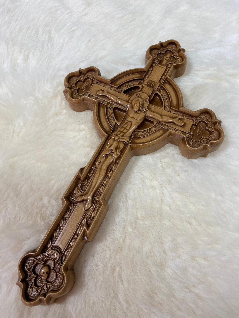 Wooden cross. Orthodox cross. Wooden wall Orthodox cross. Wood Crucifix. Christian Religious decor.