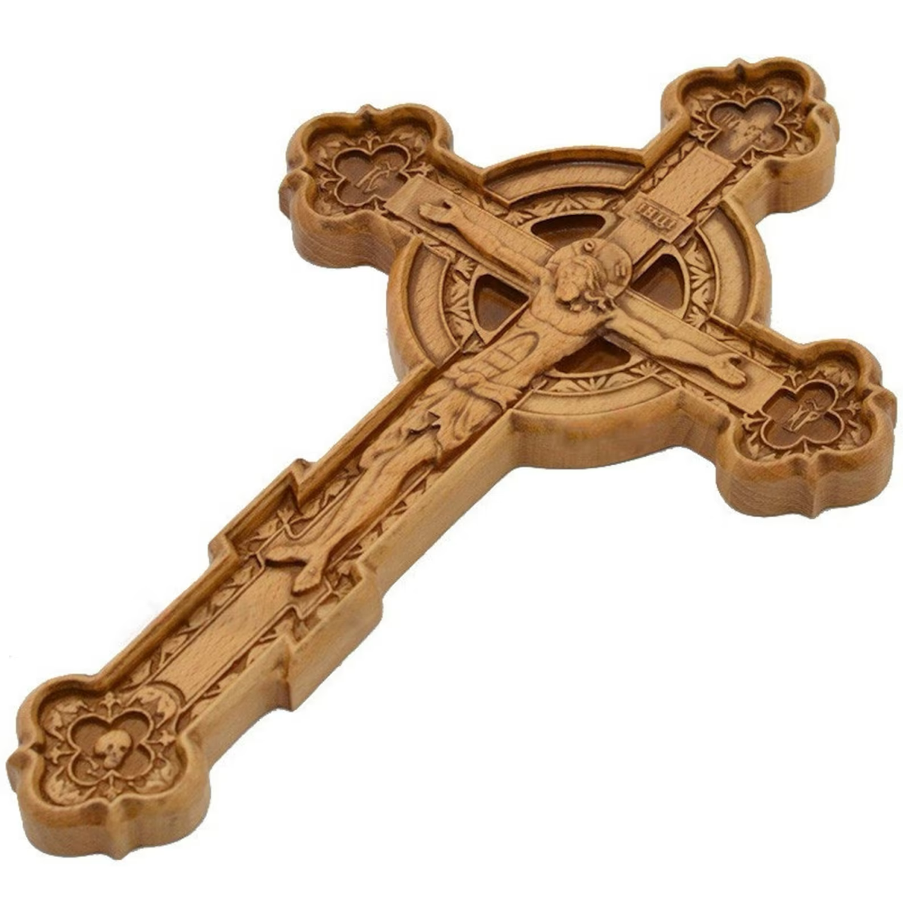 Wooden cross. Orthodox cross. Wooden wall Orthodox cross. Wood Crucifix. Christian Religious decor.